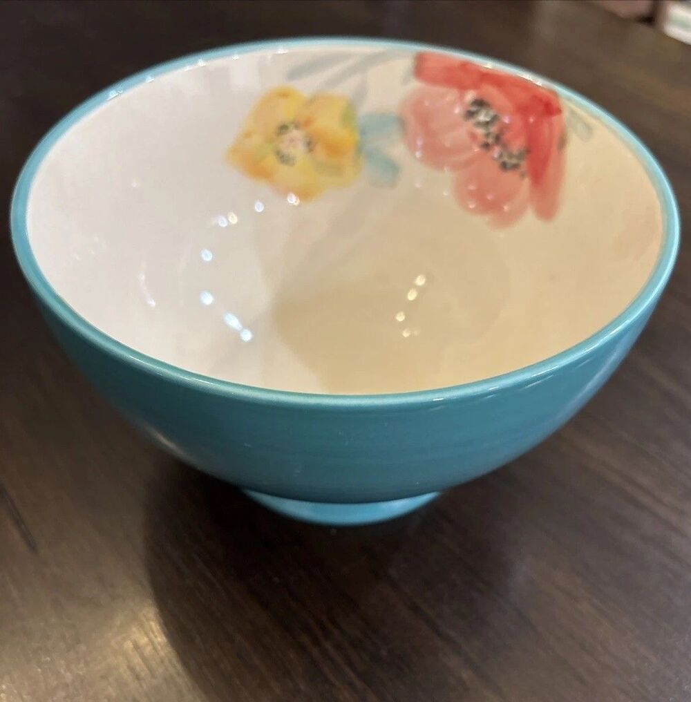 Pioneer Woman Footed Cereal Soup Bowl 1pc  —  Vintage Bloom Turquoise Floral